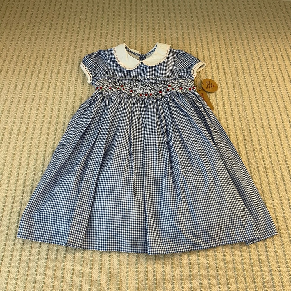 NEW - Blue and White Smocked Dress with Peter Pan Collar - Size: 5 - 6 Y